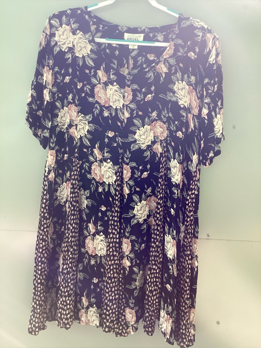 M L 1990 American Angel Black Pink Roses Gored Vintage Dress